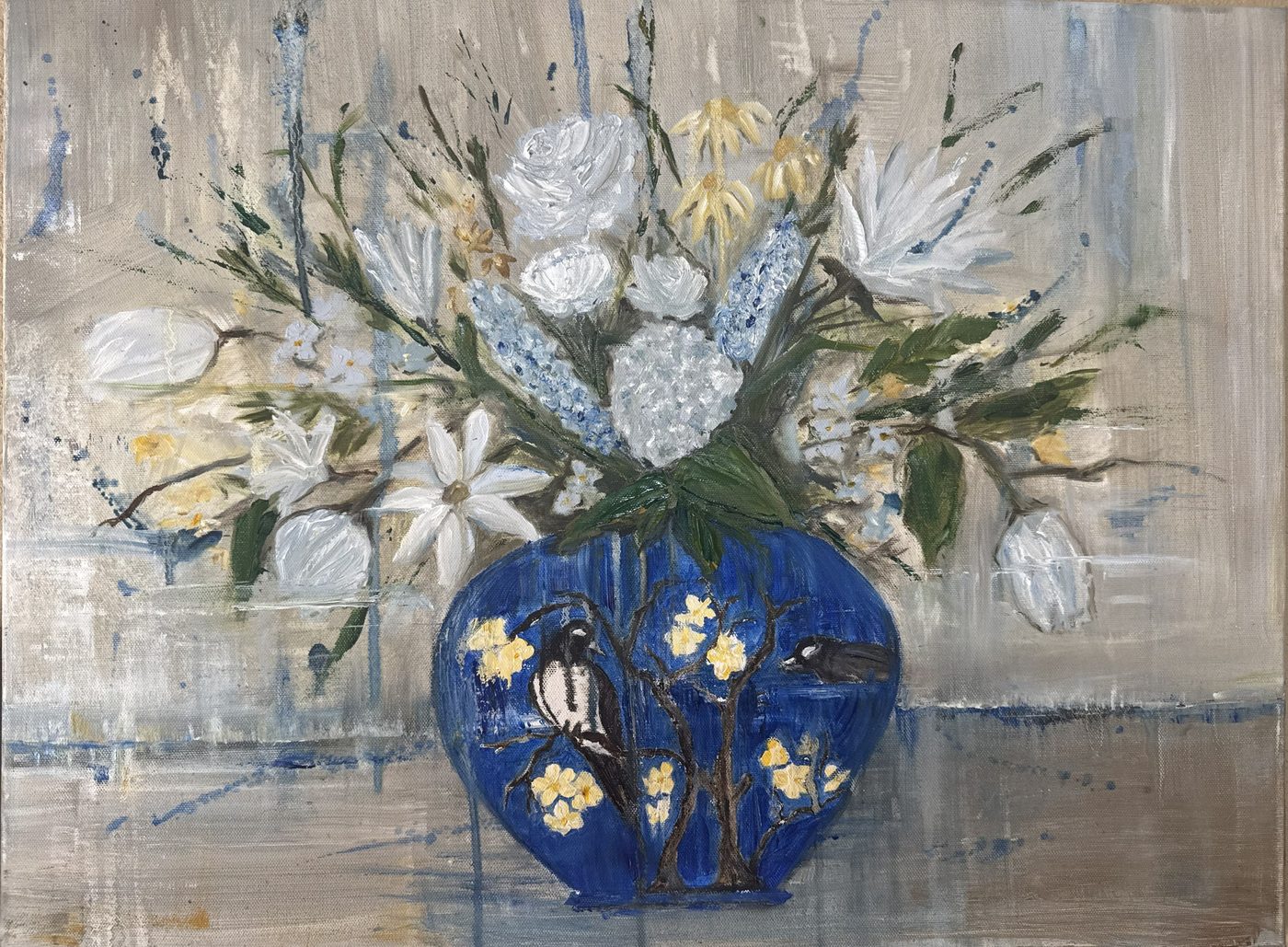 Blue Chinoiserie — blue chinoiserie vase still life, acrylic painting by Michele Canis