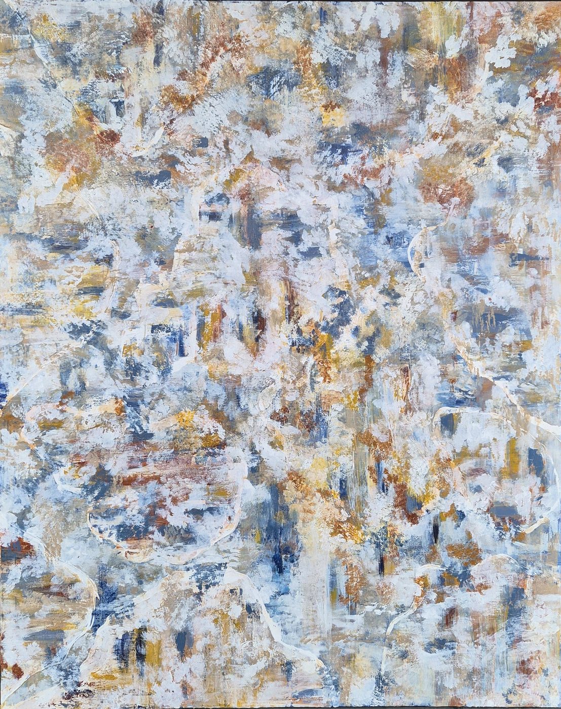 First Light — large abstract oil painting in blue gold and white, palette knife work by Michele Canis