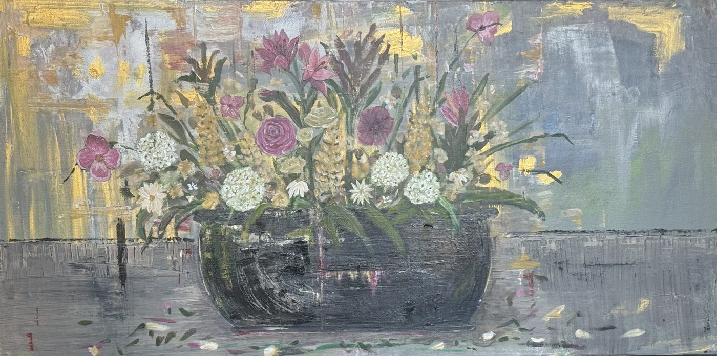Floral Bowl — still life with flowers in bowl, acrylic painting by Michele Canis