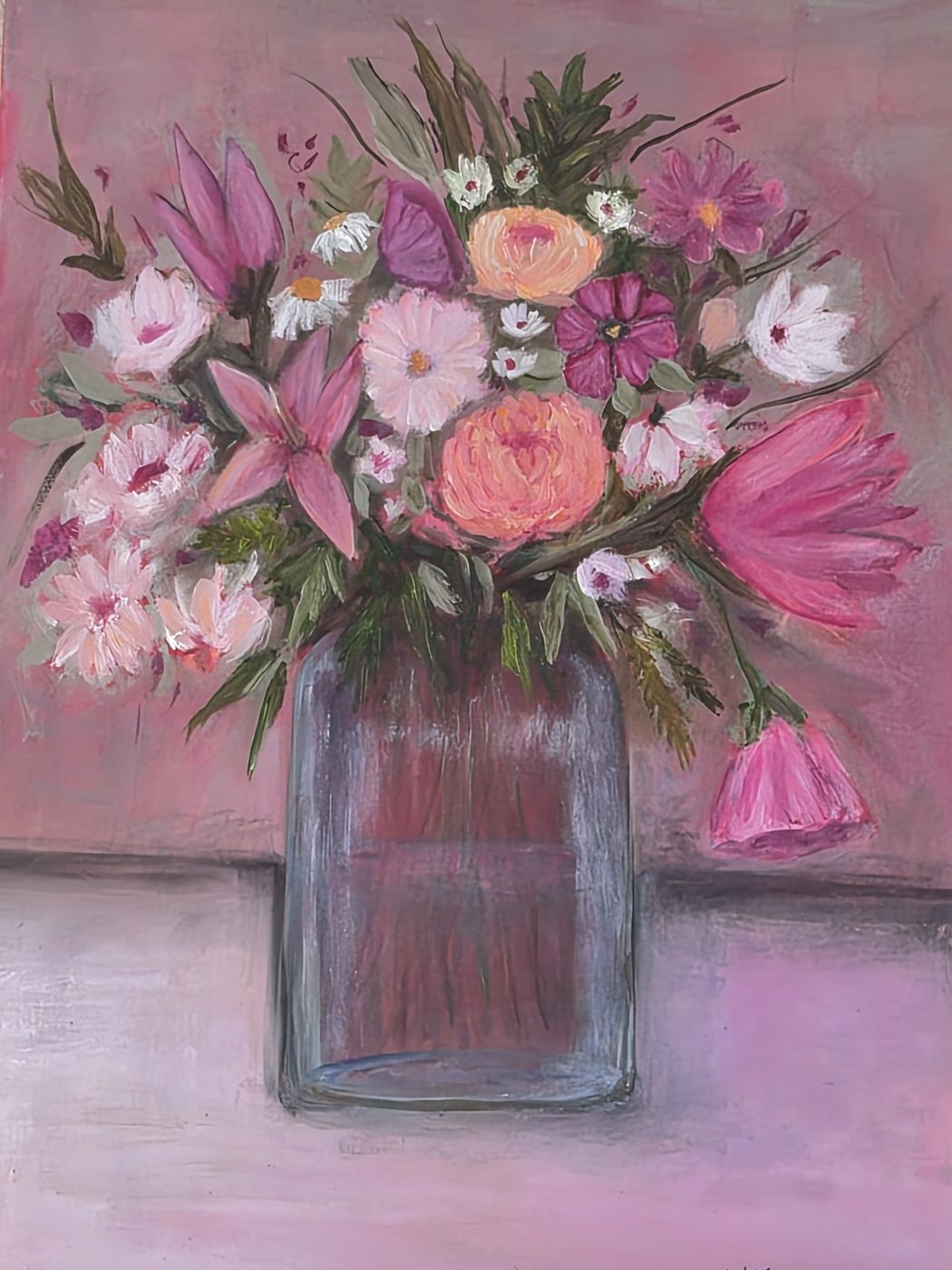 Marigolds and Candlelight — warm floral still life with candlelight, acrylic painting by Michele Canis