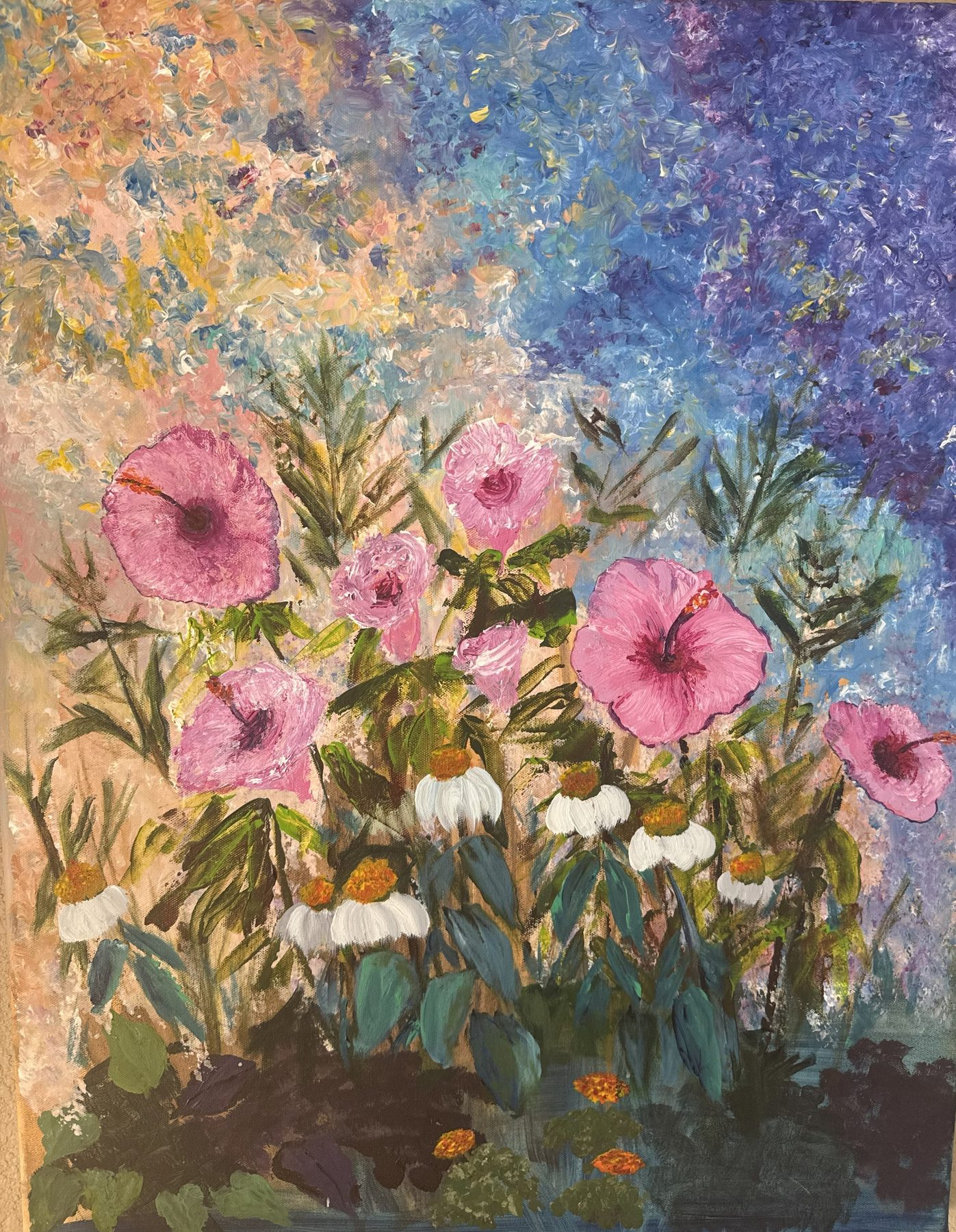 Garden in Bloom — vibrant floral painting with pink hibiscus and wildflowers, acrylic on canvas by Michele Canis