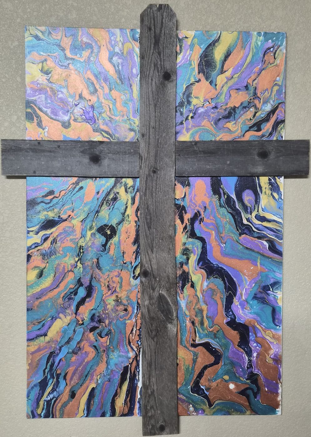 Pour Painting Cross — acrylic pour painting on reclaimed wood cross by Michele Canis