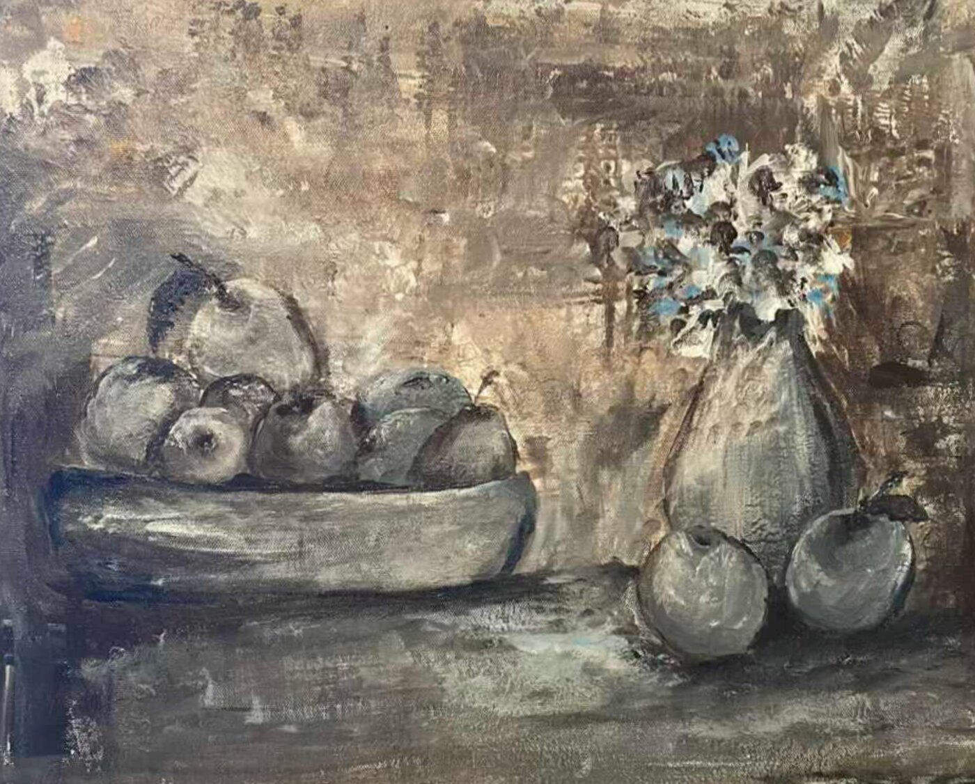 Silver Still Life — monochromatic fruit bowl still life, acrylic by Michele Canis