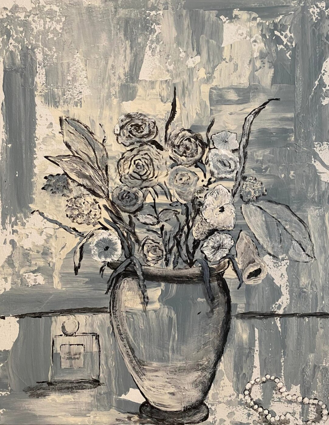 Vanity — floral arrangement with perfume bottle and pearls, acrylic by Michele Canis