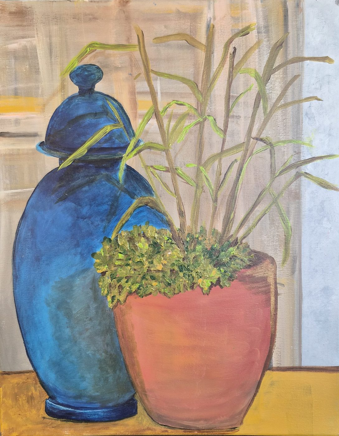 Blue Jar and Terracotta — blue ginger jar with terracotta pot still life, acrylic by Michele Canis